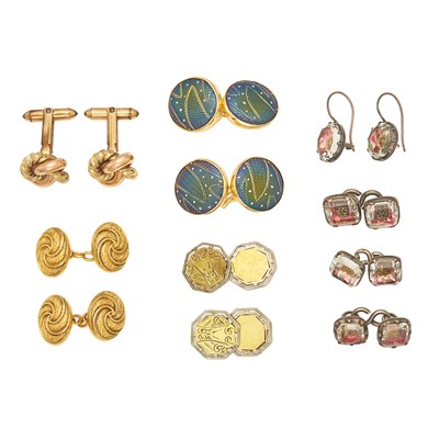 Lot 2133 - Group of Gold, Silver and Colored Glass Cufflinks and Pair of Silver Earrings