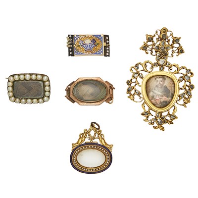 Lot 2136 - Group of Antique Gold and Gold-Filled Mourning and Religous Pendants, Pins, Clasps and Fragments