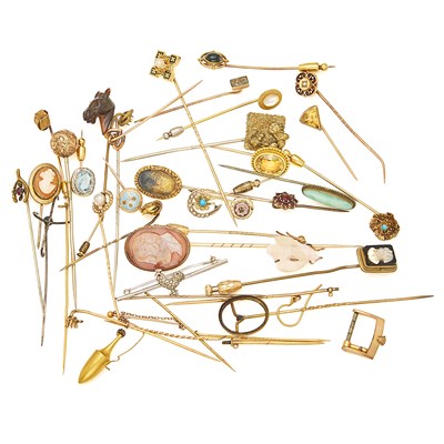 Lot 2117 - Group of Gold, Gold-Filled and Hardstone Stick Pins and Mountings