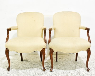 Lot 80 - Pair of George II Style Beige Upholstered Mahogany Armchairs