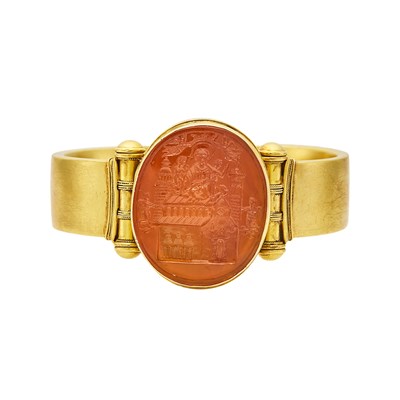 Lot 2113 - Gold and Carnelian Intaglio Bangle Bracelet