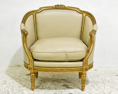 Lot 86 - Louis XVI Style Gilt Painted Leather Upholstered Bergere