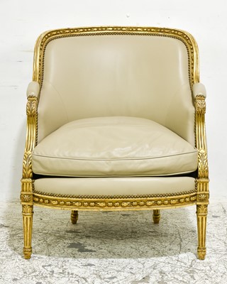 Lot 87 - Louis XVI Style Gilt Painted Leather Upholstered Bergere