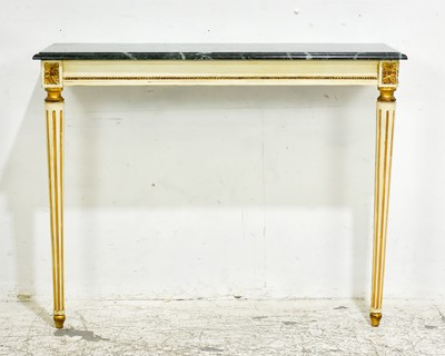 Lot 89 - Louis XVI Style Paint and Parcel-Gilt Green Marble Top Console