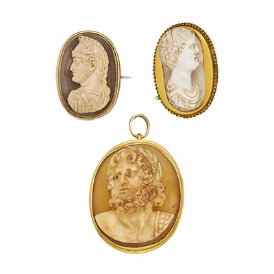 Lot 2114 - Three Gold and Hardstone Cameo Pendant-Brooches