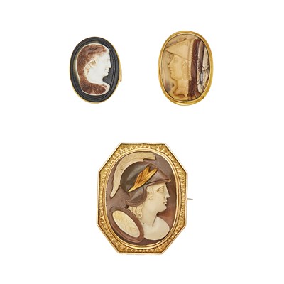 Lot 2106 - Two Gold and Hardstone Cameo Rings and Pendant-Brooch