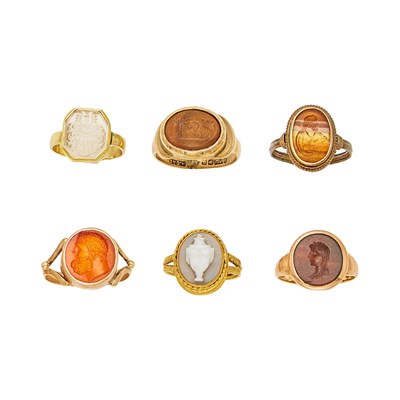 Lot 2120 - Four Gold, Low Karat Gold, Silver-Gilt and Hardstone Intaglio and Cameo Rings