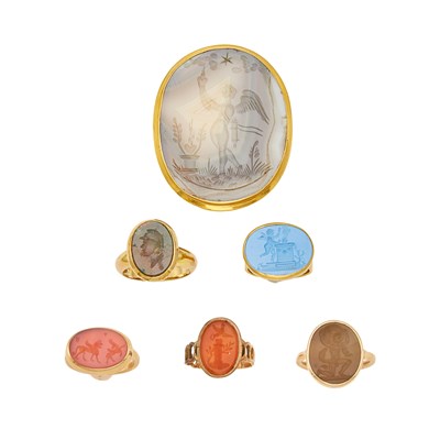 Lot 2105 - Five Gold, Low Karat Gold and Hardstone Intaglio Rings and Agate Intaglio Pendant