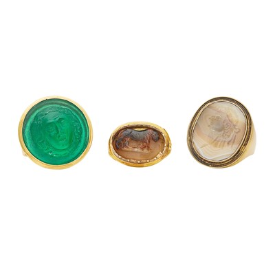 Lot 2159 - Three Gold, Cameo and Intaglio Rings