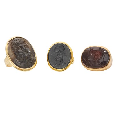 Lot 2124 - Three Gold, Cameo and Intaglio Rings