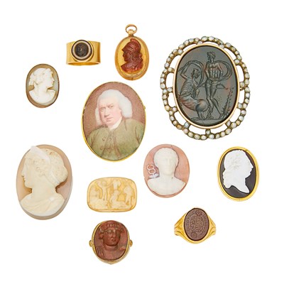 Lot 2121 - Group of Gold, Low Karat Gold, Gilt-Metal, Silver, Agate and Hardstone Cameo and Intaglio Jewelry