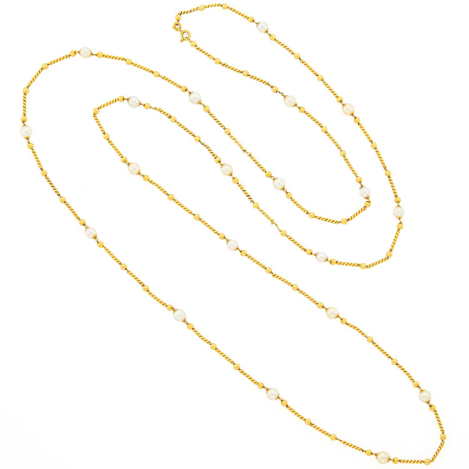 Lot 2056 - Long Gold and Cultured Pearl Necklace