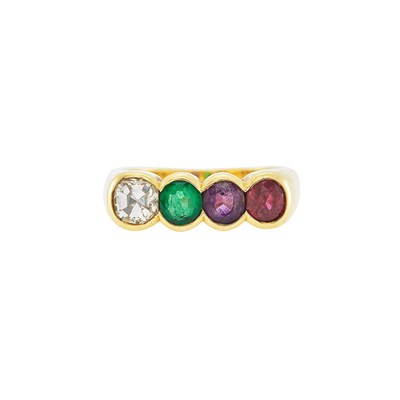 Lot 2207 - Gold, Diamond, Emerald, Amethyst and Ruby Acrostic 'DEAR' Ring