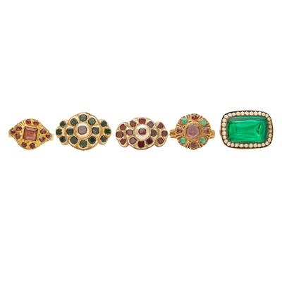 Lot 2148 - Five Antique Gold and Colored Glass Rings