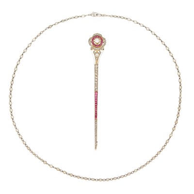 Lot 2166 - Platinum, Gold, Ruby, Cultured Pearl and Diamond Bar Brooch with Platinum and Diamond Chain Necklace