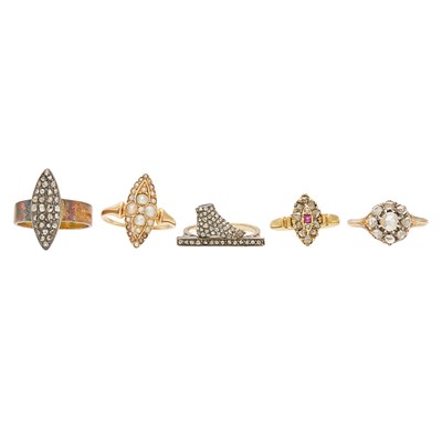 Lot 2147 - Five Antique Gold, Diamond and Seed Pearl Rings