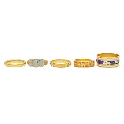 Lot 2132 - Five High Karat Gold, Low Karat Gold, Gold and Enamel Band Rings