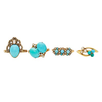 Lot 2091 - Four Gold, Turquoise, Seed Pearl and Diamond Rings
