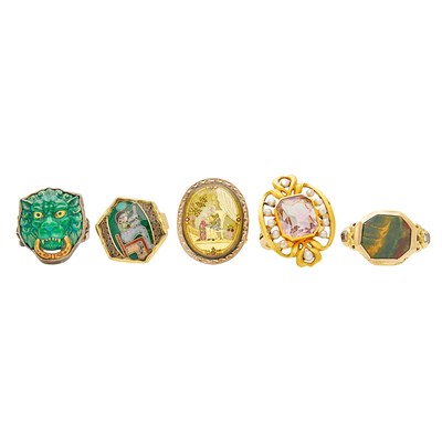 Lot 2123 - Five Gold, Silver, Hardstone and Gold-Filled Rings