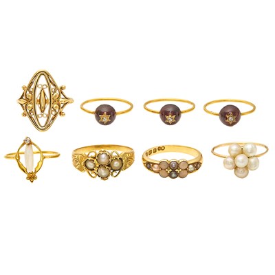 Lot 2134 - Eight Gold, Cabochon Garnet, Diamond, Freshwater and Split Pearl Rings