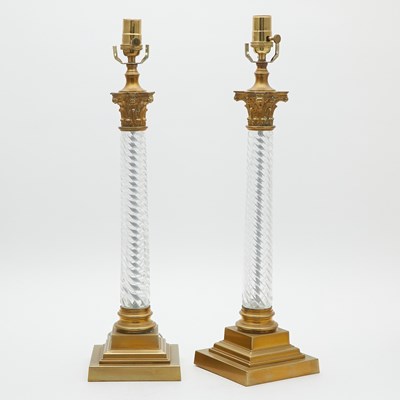 Lot 238 - Pair of Gilt-Metal Mounted Molded  Glass Columnar Table Lamps