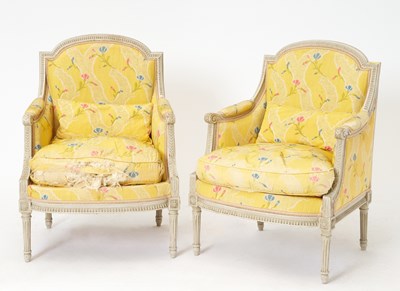 Lot 293 - Pair of Louis XVI Style Silk Upholstered Painted Wood Bergères