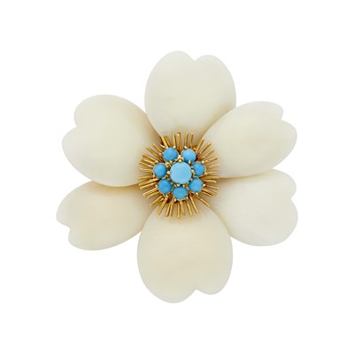 Lot 132 - Gold, White Coral and Turquoise Flower Clip-Brooch, France