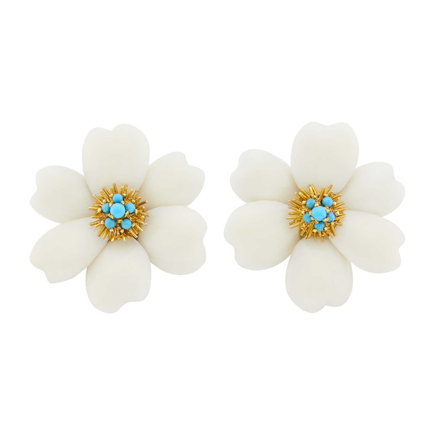 Lot 130 - Pair of Gold, White Coral and Turquoise Flower Earclips, France