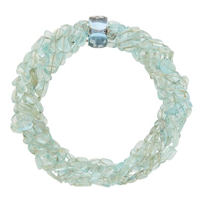 Lot 38 - Seaman Schepps Five Strand Tumbled Aquamarine Bead Torsade Necklace with White Gold, Cabochon Aquamarine and Aquamarine Clasp