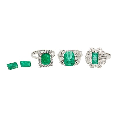 Lot 2241 - Three White Gold, Emerald, Diamond and Simulated Diamond Rings and Two Unmounted Emeralds