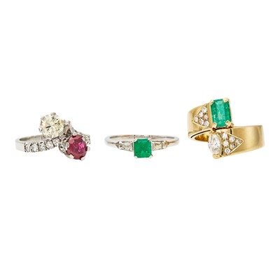 Lot 2291 - Three Yellow and White Gold, Emerald, Ruby and Diamond Rings