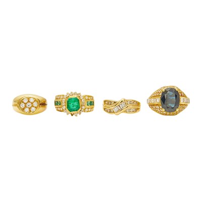 Lot 2251 - Two Gold and Diamond Rings, Sapphire and Diamond Ring and Emerald and Diamond Ring