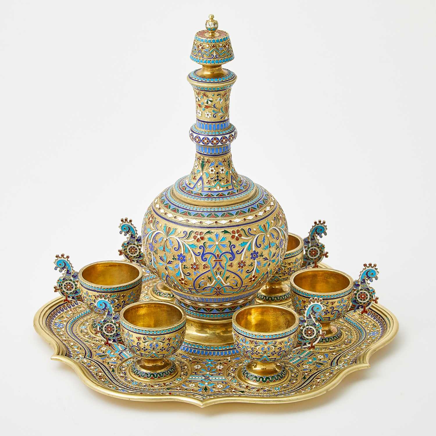 Lot 724 - Russian Silver-Gilt and Cloisonné Enamel Vodka Set