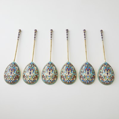Lot 733 - Set of Six Russian Silver-Gilt and Cloisonné Enamel Spoons