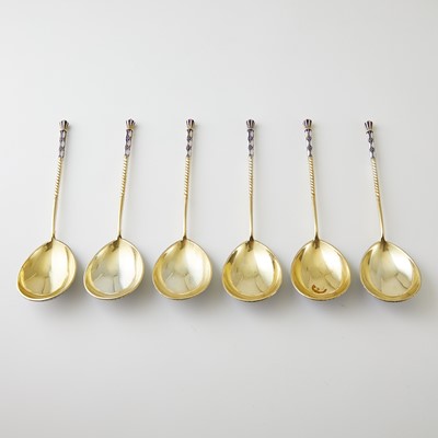 Lot 733 - Set of Six Russian Silver-Gilt and Cloisonné Enamel Spoons