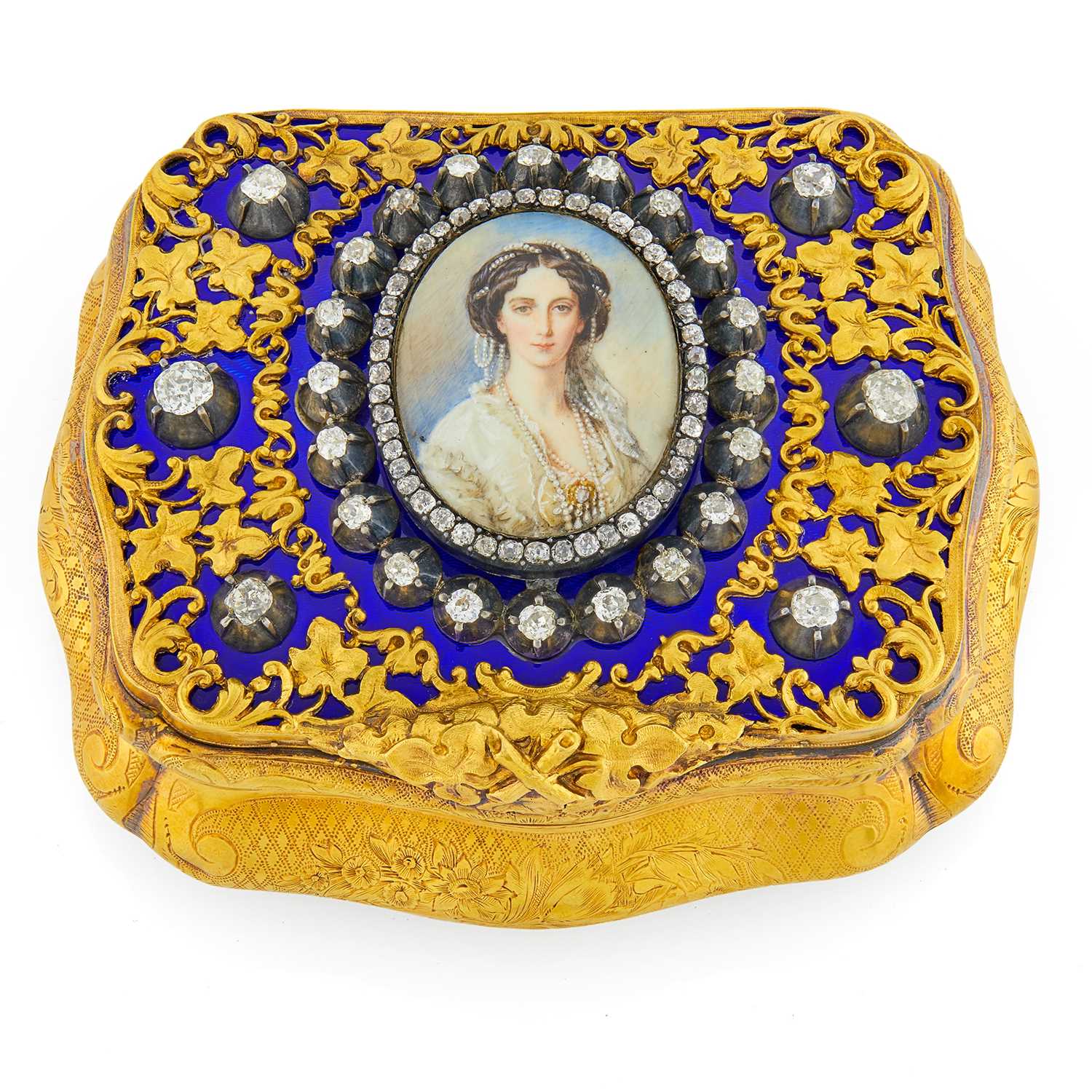 Lot 236 - Jeweled Gold and Guilloché Enamel Imperial Presentation Snuff Box