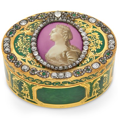 Lot 658 - Important Continental Jeweled and Enameled Gold Portrait Snuff Box