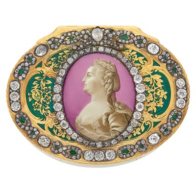 Lot 658 - Important Continental Jeweled and Enameled Gold Portrait Snuff Box