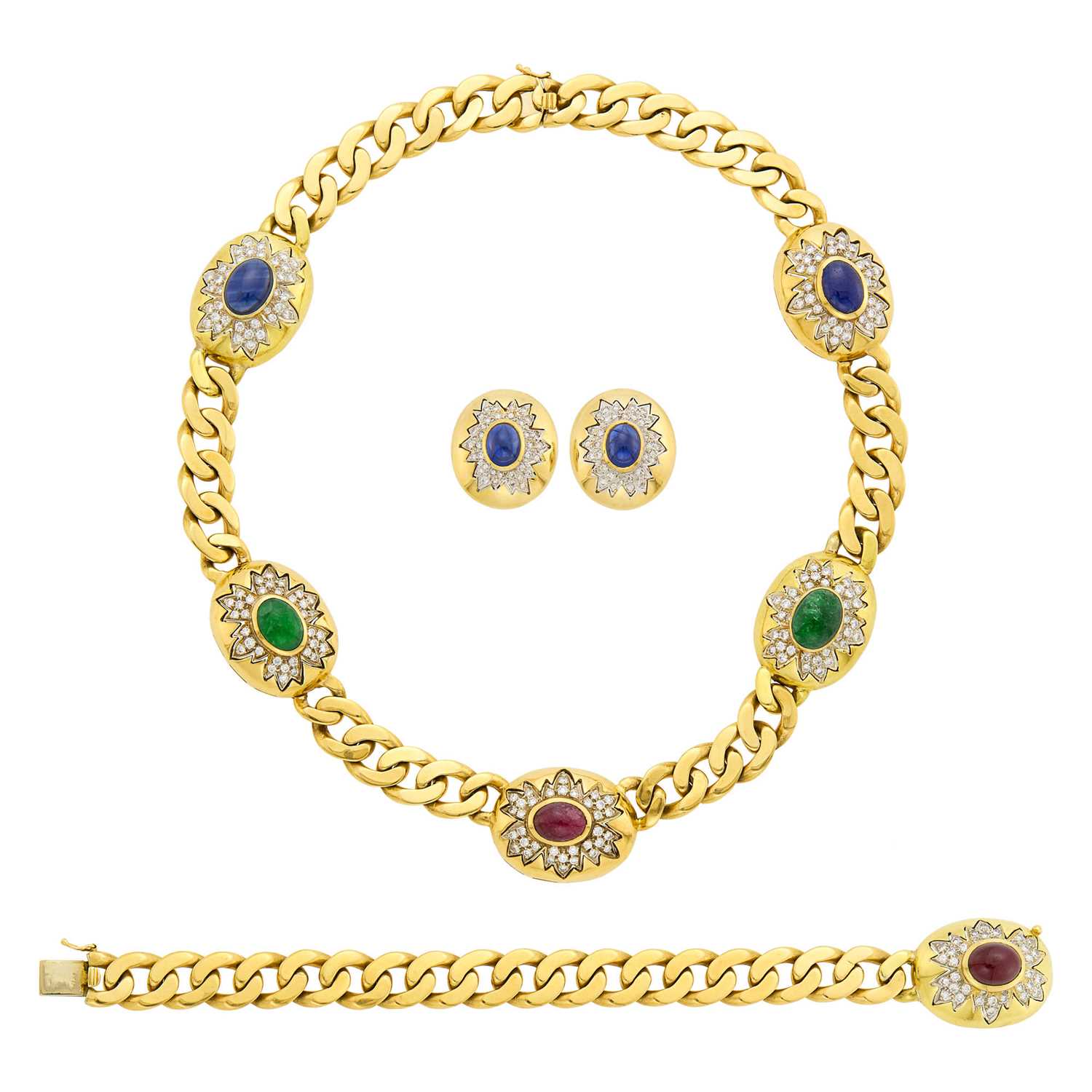 Lot 1125 - Gold, Cabochon Colored Stone and Diamond Curb Link Necklace, Bracelet and Pair of Earrings