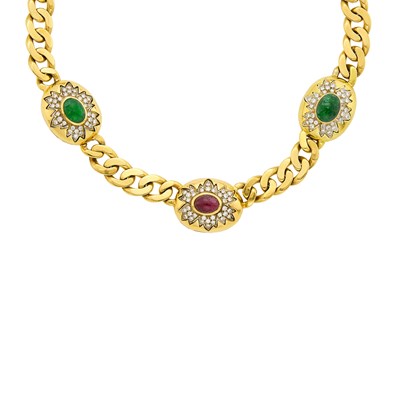 Lot 1125 - Gold, Cabochon Colored Stone and Diamond Curb Link Necklace, Bracelet and Pair of Earrings