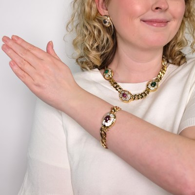 Lot 1125 - Gold, Cabochon Colored Stone and Diamond Curb Link Necklace, Bracelet and Pair of Earrings