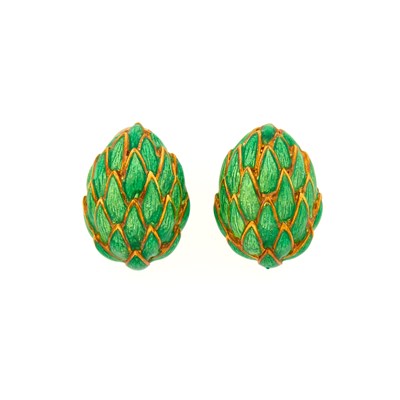 Lot 2060 - Pair of Gold and Green Enamel Egg Earclips