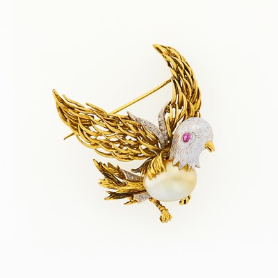 Lot 2289 - Two-Color Gold, Golden Cultured Pearl, Diamond and Ruby Bird Brooch