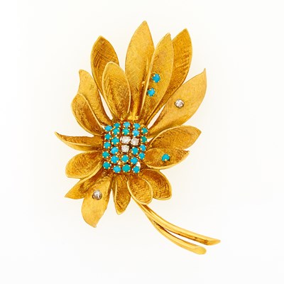 Lot 2287 - Gold, Turquoise and Diamond Flower Brooch