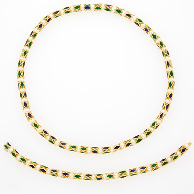 Lot 2059 - Gold, Cultured Pearl, Green and Blue Enamel Necklace and Bracelet