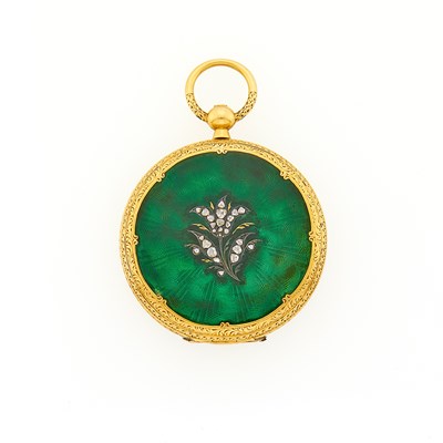 Lot 2143 - Patek Philippe Antique Gold, Silver, Green Guilloché Enamel and Diamond Pocket Watch