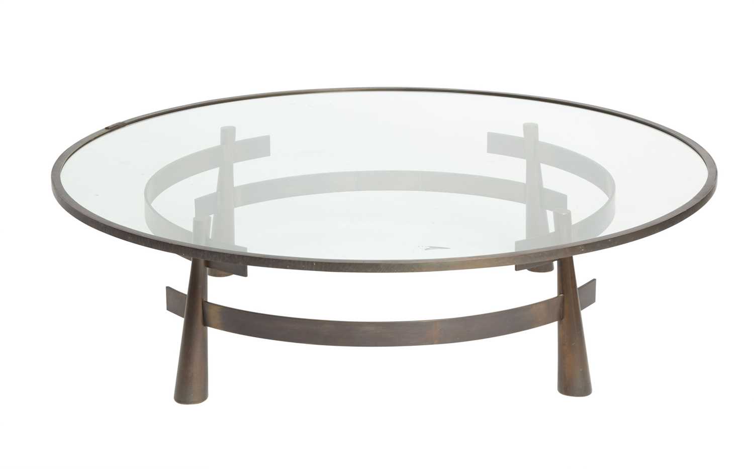 Lot 853 - Blackman Cruz Patinated Brass and Glass “Tao” Coffee Table