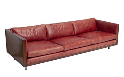 Lot 797 - Red Leather, Rosewood and Chromed Metal Loose Cushion Sofa