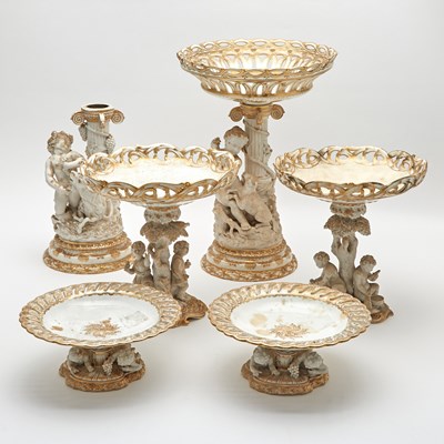 Lot 172 - Assembled English Gilt-Decorated Porcelain Six-Piece Figural Table Garniture