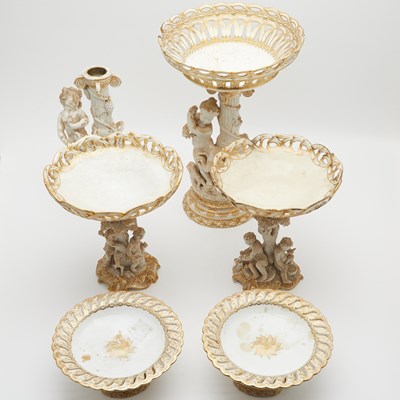 Lot 150 - Assembled English Gilt-Decorated Porcelain Six-Piece Figural Table Garniture